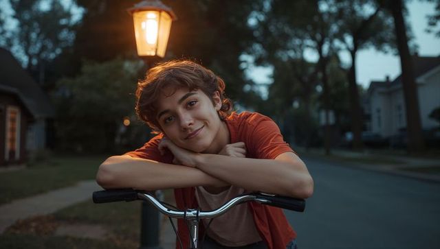 Teen leaning on bicycle at twilight under warm streetlamp on quiet suburban street