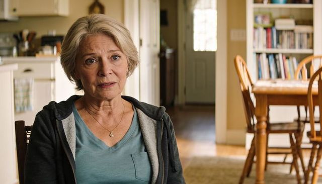 Senior woman sitting in cozy kitchen wearing teal v-neck and hoodie showing necklace