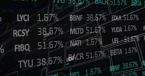 Displaying digital stock ticker dashboard with percentages, wireframe overlays, analytics
