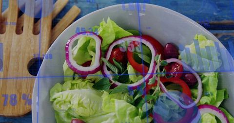 Overhead butter lettuce salad with red onion and hud data overlays for smart nutrition