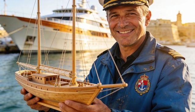 Smiling yacht captain holding wooden model sailboat at luxury marina during golden hour