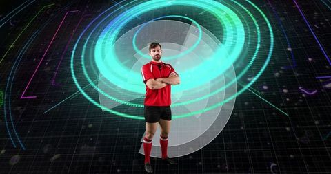 Man in red sportswear training in futuristic virtual environment