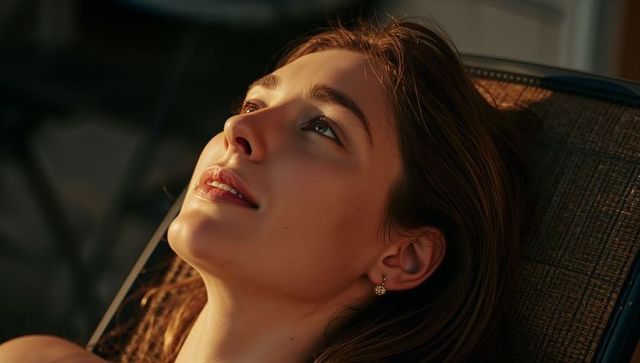 Young woman reclining in golden hour light wearing gold stud earring, serene portrait