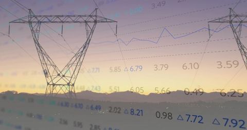 High-Voltage Transmission Tower Silhouette at Sunset with Energy Market Data Overlay