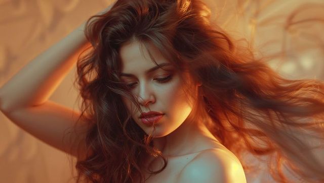 Elegantly cascading hair in golden artistic portrait