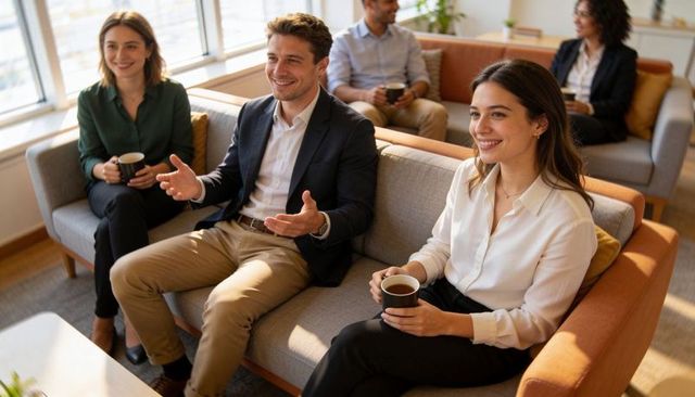 Smiling professional holding coffee in modern office lounge during informal team meeting