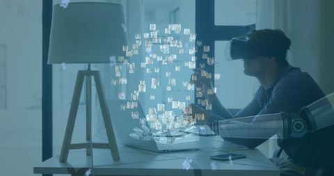 Man using vr headset in futuristic ai interface environment