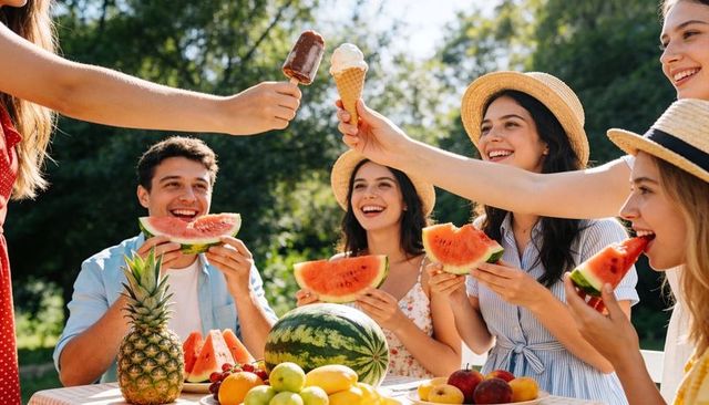 Friends enjoying summer picnic with watermelon, ice cream, fresh fruit and sunhats