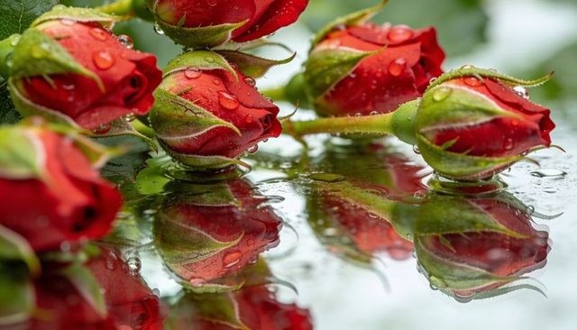 Red rose buds dew-kissed on mirrored water surface with vibrant reflections