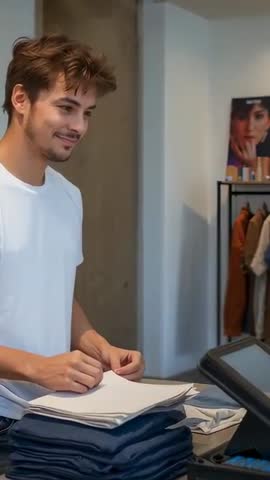 Young male cashier arranging folded clothes at checkout counter vertical video