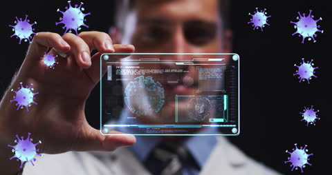 Scientist Analyzing Virus Data with Futuristic Technology