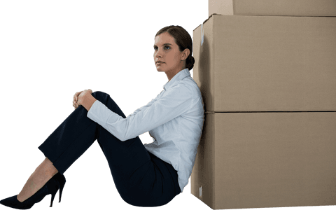 Transparent thoughtful woman leaning on cardboard boxes