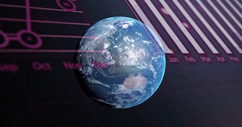 Orbiting earth showing neon data visualizations and bar chart over dark starfield