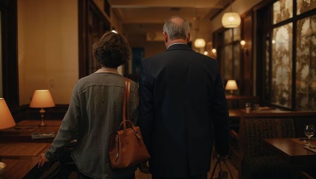 Mature couple walking through cozy restaurant aisle carrying leather handbag and briefcase