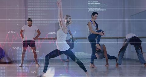 Group practicing yoga and stretching in minimalist studio with fitness data overlay