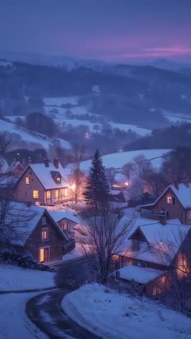 Vertical panning through snowy hillside village at twilight with warm window lights