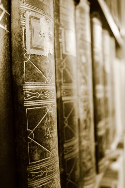 Detailed close-up of vintage leather-bound books on a shelf captured in sepia tone. This image is ideal for settings related to libraries, reading, history, literature, and classic interior designs. Excellent for use in educational materials, advertisements for antique shops, or décor inspiration content.