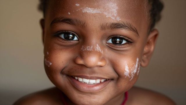 Smiling child closeup with playful white smears on face short curly hair warm portrait