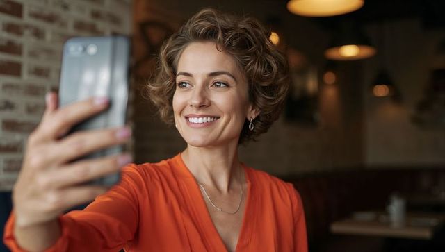 Smiling Woman Taking Selfie in Cozy Café