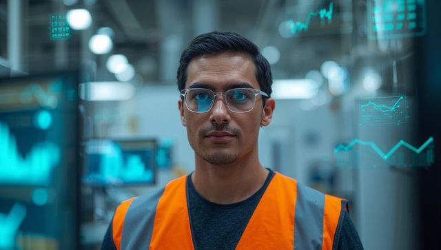 Factory Technician Wearing Orange Safety Vest and Glasses Monitoring Digital Data Overlays and Chart