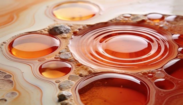 Glowing amber droplets forming concentric ripples on creamy liquid surface macro
