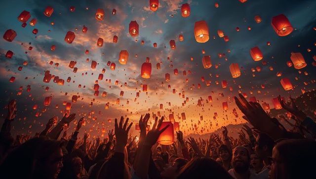 Lantern festival celebration at dusk with community gathering