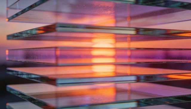 Stacked Glass Panes Refracting Warm Sunset Light, Layering Translucent Gradient Display