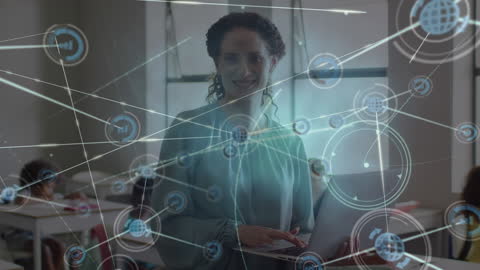 Smiling Teacher with Laptop in Technological Classroom Concept