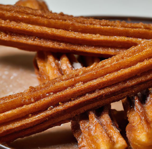 Close-up view of crispy churros coated with sugar on a plate. Perfect for use in food blogs, culinary websites, recipe demonstrations, cooking tutorials, and dessert advertisements.