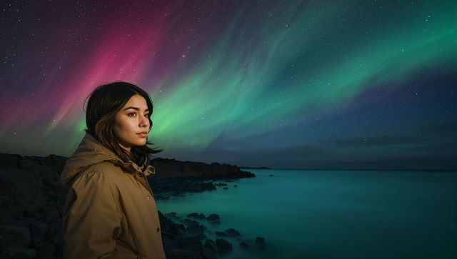 Asian woman gazing at northern lights over rocky coastline at night, aurora portrait