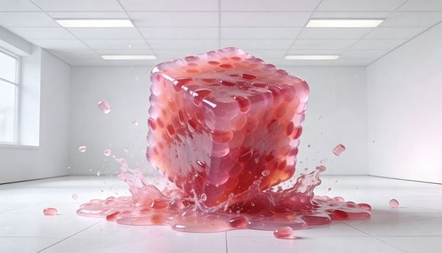 Melting pink jelly cube oozing wet puddle, splashing drops, casting window light in white gallery