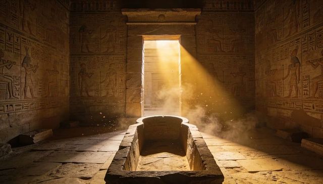 Sunlit egyptian sarcophagus in temple chamber with dust motes and carved hieroglyphs