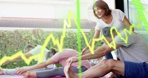 Senior stretching class with instructor promoting mobility and neon waveform energy overlay