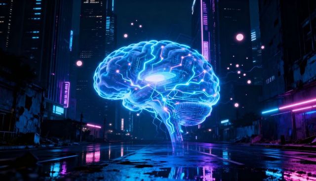 Neon Holographic Brain Hovering Over Rainy Cyberpunk Street with Electric Neural Glow