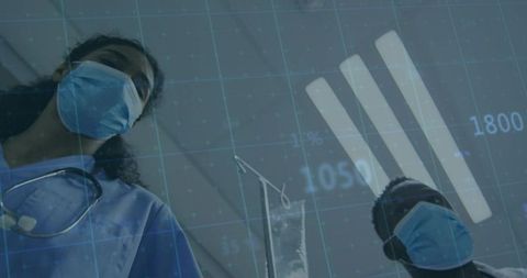 Medical staff leaning over patient wearing masks with digital data overlay and iv pole