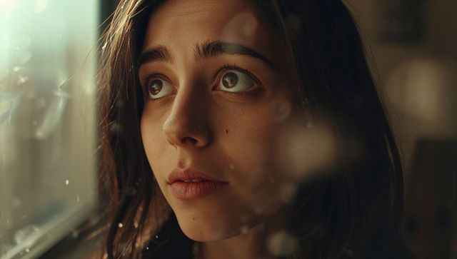 Gazing middle eastern woman at window with smudged glass, nose stud and warm natural light
