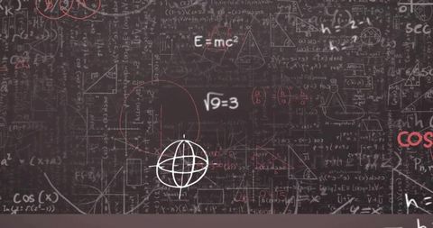 Dense chalkboard filled with math and physics equations, geometry diagrams, calculus, stem