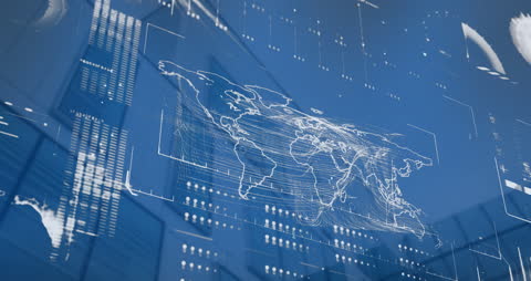 Futuristic Digital Interface with Global Data and World Map Overlays