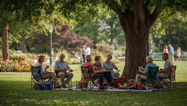 Seniors enjoying summer picnic in park sharing food and conversation under large tree