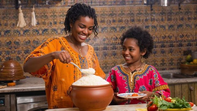 Mother and daughter serving steaming rice from terracotta pot in vibrant home kitchen