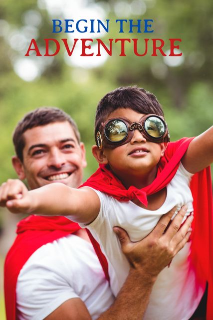 Promoting family activities, a joyful child in superhero costume with an adult signifies adventure and bonding. Ideal for event flyers or parenting blogs emphasizing the importance of playtime and imagination.