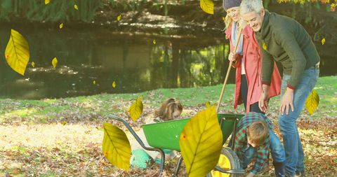 Joyful Caucasian Family Enjoys Autumn Day Outdoors