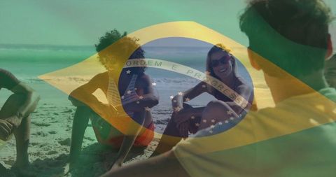 Group of Friends Enjoying Beach Day with Brazilian Flag Overlay