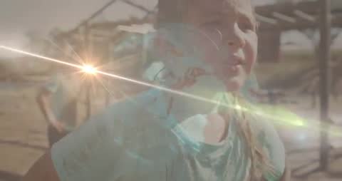 Child Running Obstacle Course with Futuristic Digital Globe Overlay