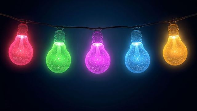 Glowing glitter bulb garland with rainbow colors hanging on thin cable, vibrant halo