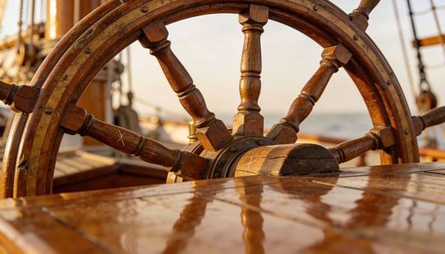 Vintage wooden ship wheel gleaming on wet deck at sea with brass accents and rigging