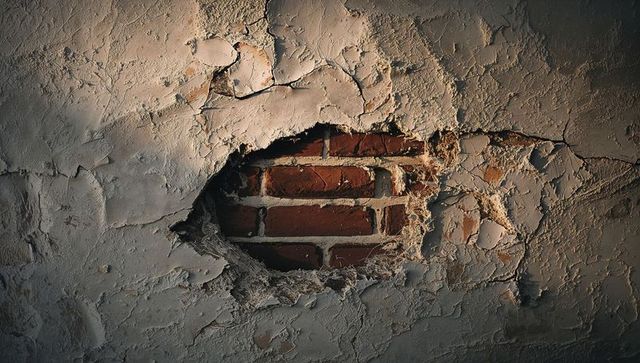 Exposed red brick behind flaking plaster on interior wall, weathered texture and cobwebs