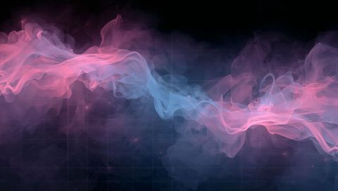 Flowing translucent pink blue smoke ribbon across digital grid featuring neon cosmic glow