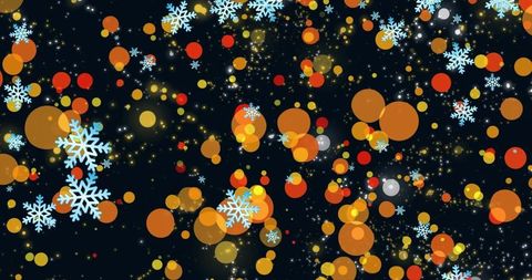Snowflakes Floating with Festive Orange Bokeh Lights on Dark Background