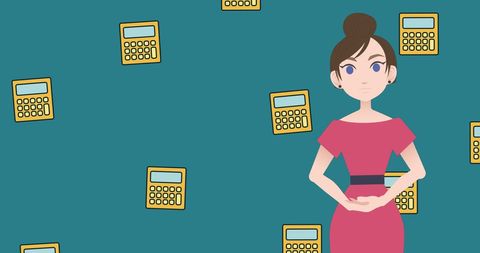 Woman discussing math and mentoring with calculator icons